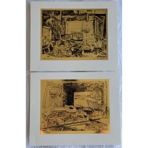 Lionel Barrymore Gold Foil Etchings Home Port Old Boat Works Set of 2 Vintage